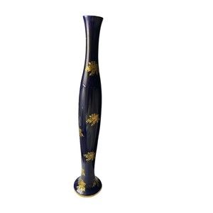 Vintage Lofisa Hand Painted Cobalt Blue Gold Roses Tall Slender Bud/Table Vase